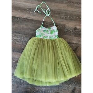 Flofallzique Girls Green Tulle Dress Tropical Leaf Print Halter‎ Neck Size 5 #9